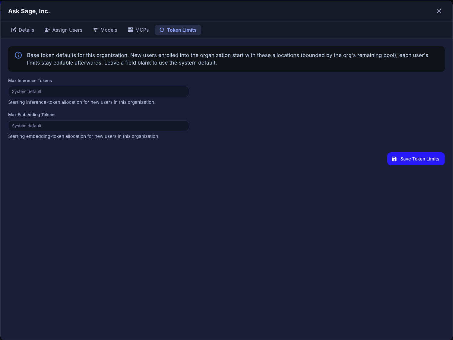 Manage organization dialog on the Token Limits tab, showing Max Inference Tokens and Max Embedding Tokens fields set to System default and a Save Token Limits button