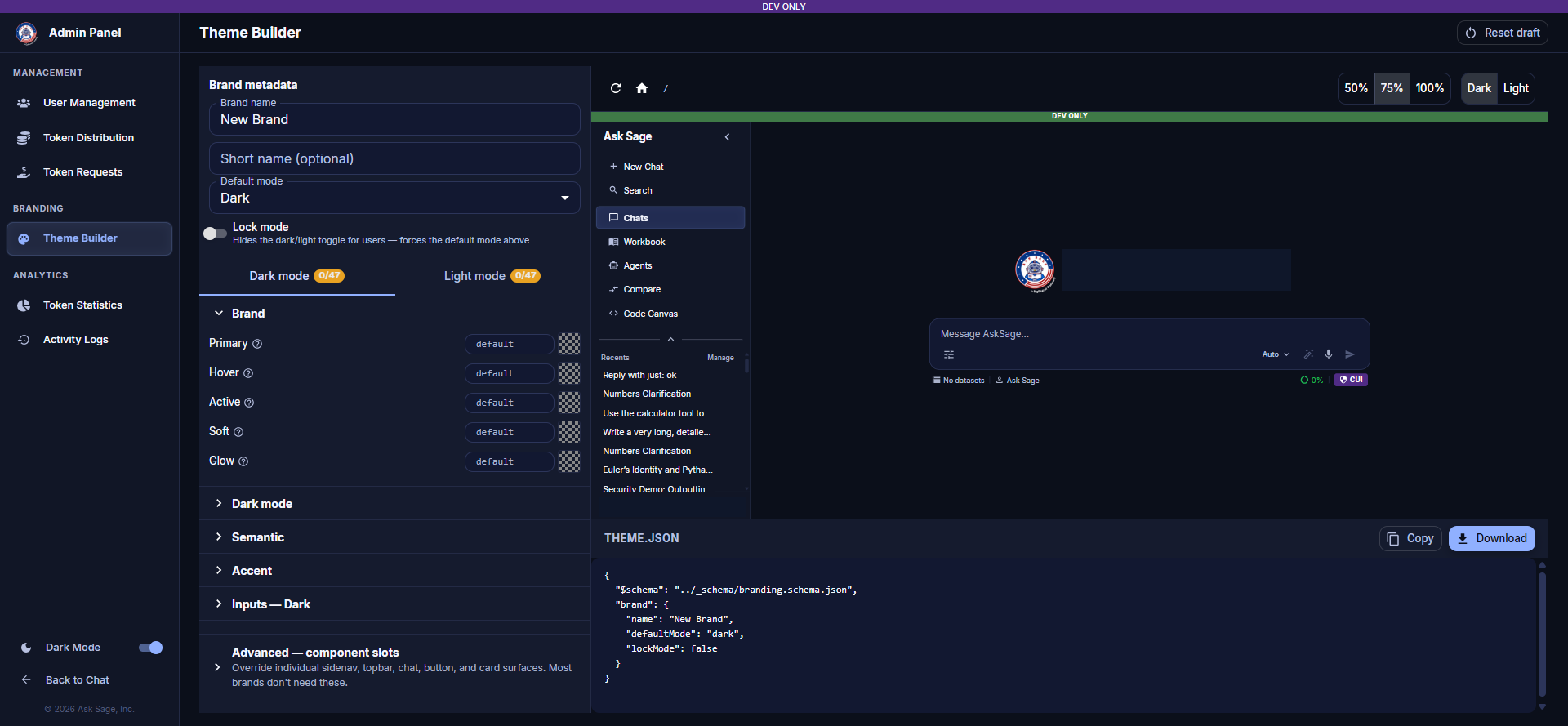 Ask Sage Theme Builder showing brand configuration panel and live preview
