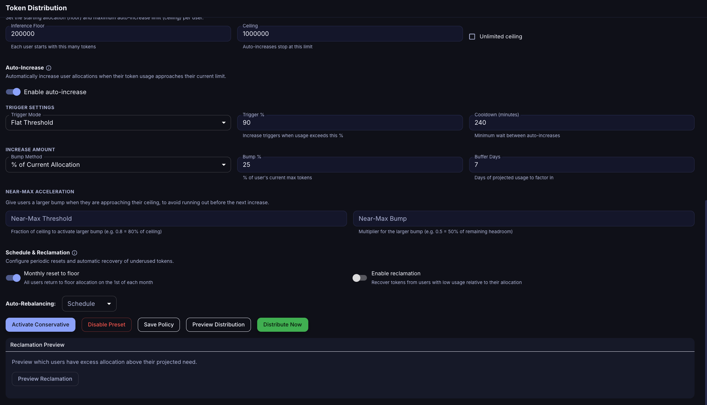 Ask Sage Token Distribution with a preset active, showing the Schedule & Reclamation toggles, Auto-Rebalancing schedule, the action buttons, and the Reclamation Preview section