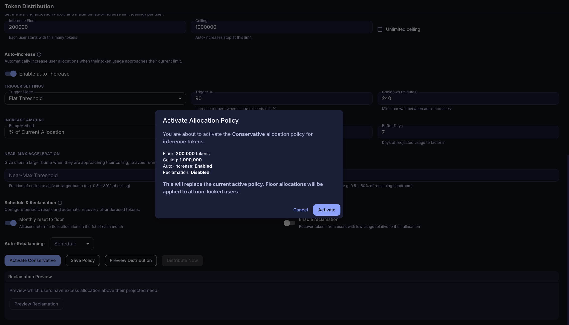 Activate Allocation Policy confirmation dialog summarizing the Conservative preset's floor, ceiling, auto-increase, and reclamation settings