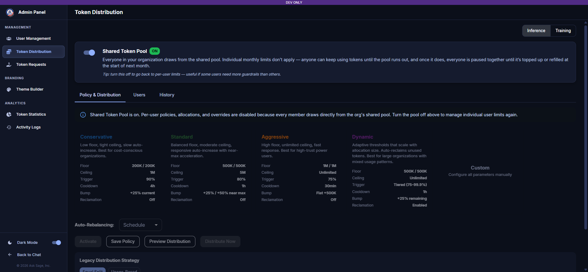 Ask Sage Token Distribution — Shared Token Pool toggle enabled
