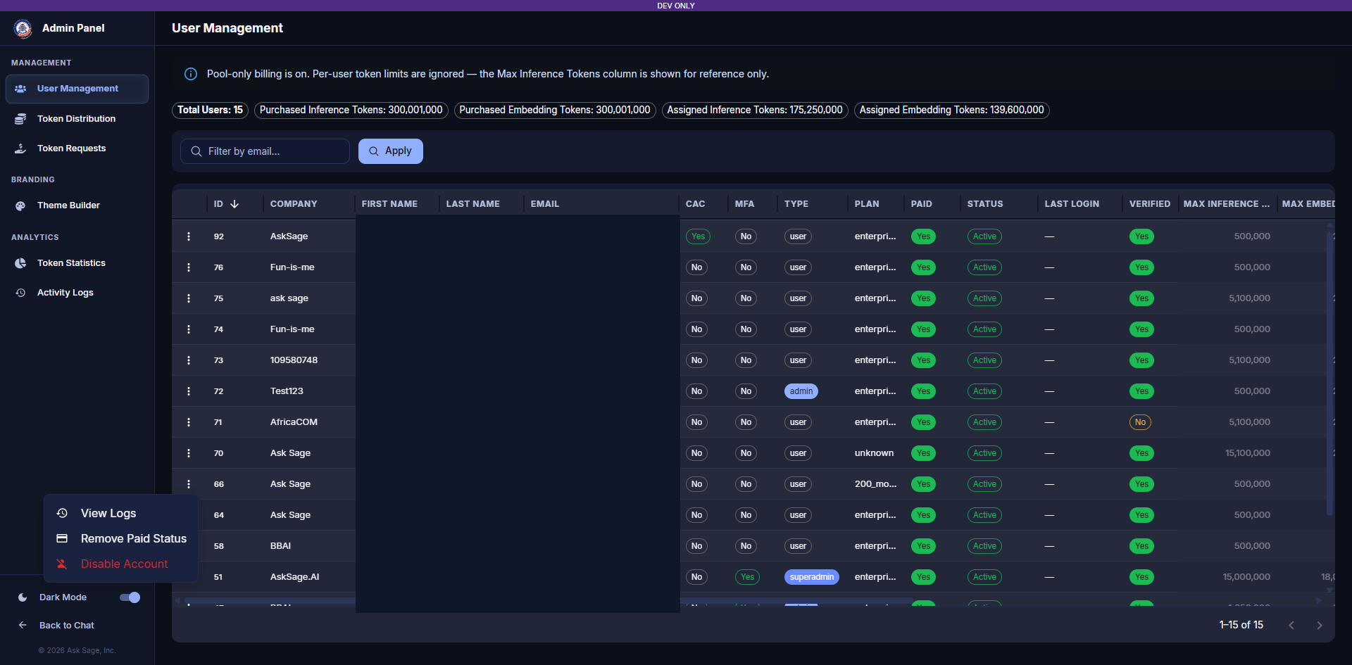 Ask Sage Admin Panel User Actions menu