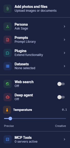 Ask Sage Tools menu with the Web Search toggle