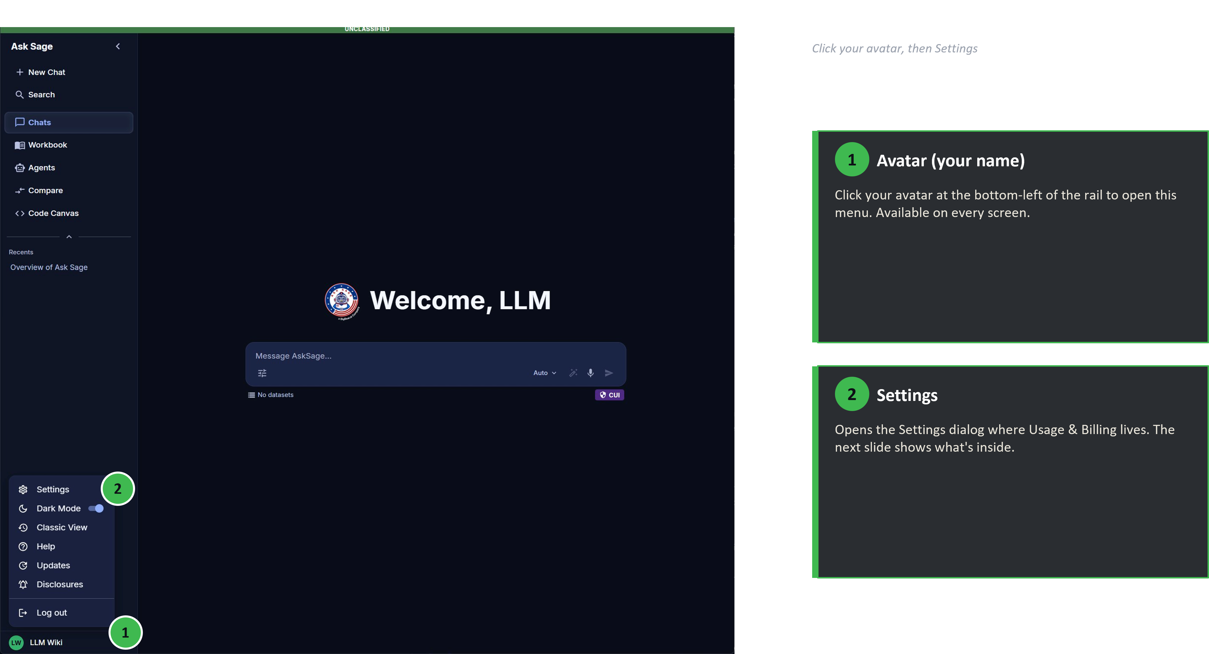 User menu with Settings highlighted