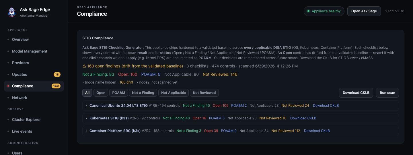 Compliance screen showing status filters, Ubuntu, Kubernetes, and Container Platform checklists, plus Download CKLB and Run scan controls.