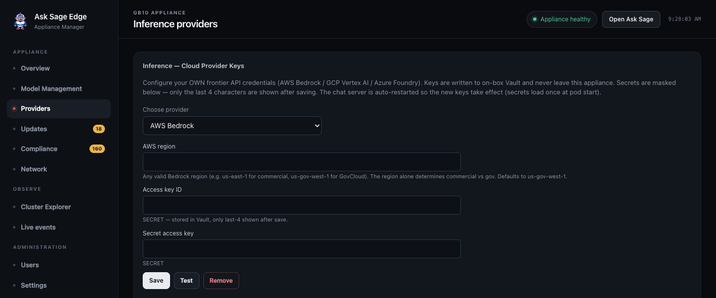 Providers screen with AWS Bedrock selected and blank region, access key ID, and secret access key fields.