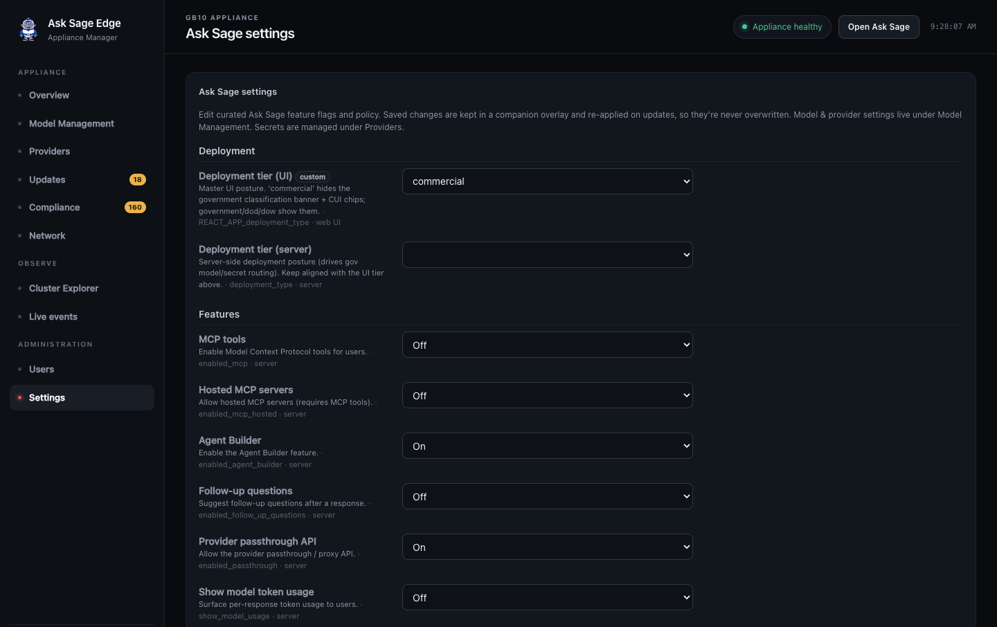 Settings screen showing deployment options and application feature controls such as MCP tools and Agent Builder.