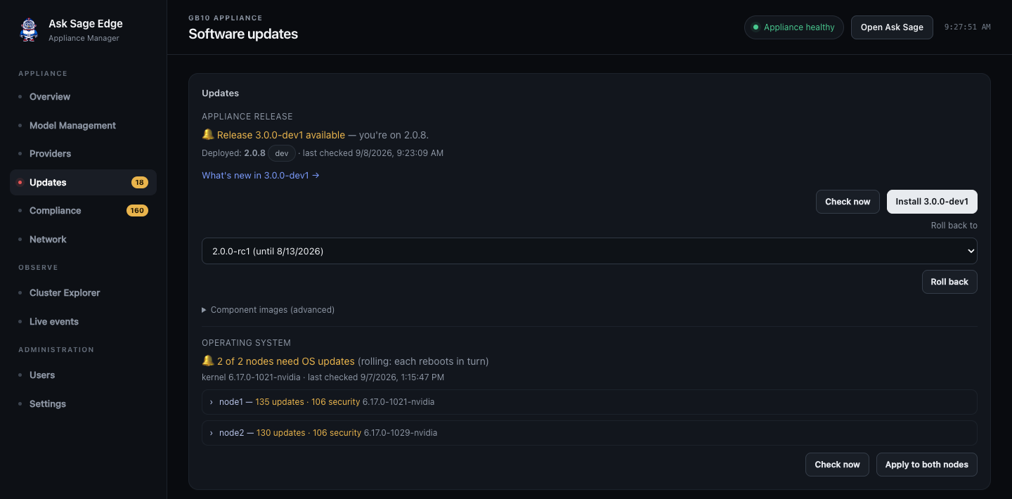 Updates screen with separate appliance release, rollback, advanced component images, and operating system controls.
