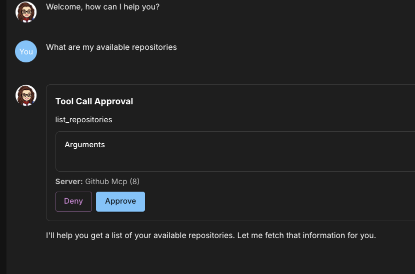 Tool Call Approval card for a GitHub action