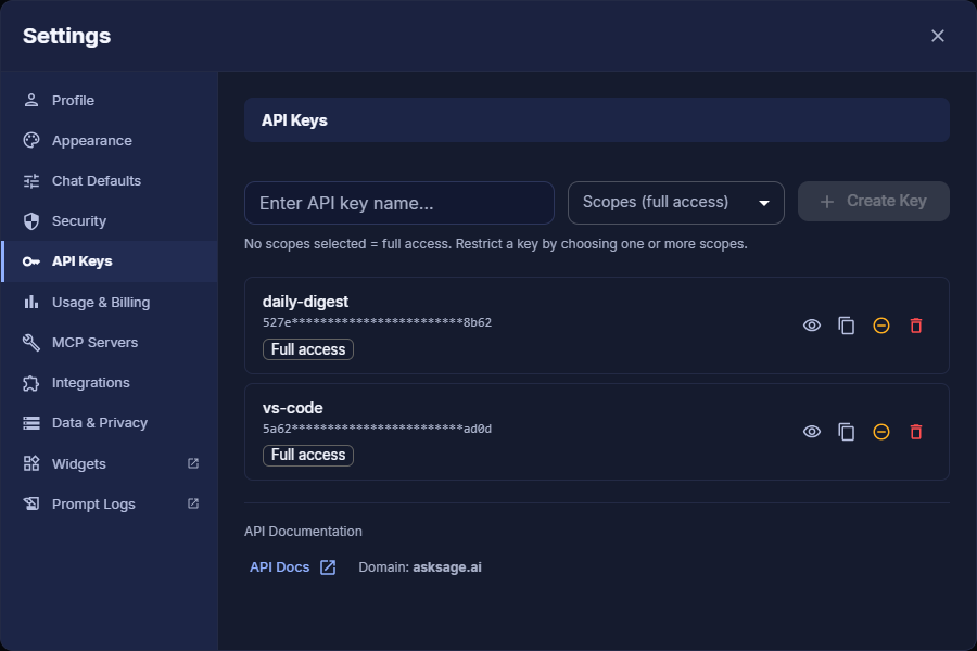 Ask Sage Settings dialog on the API Keys tab, showing the key name field, scope selector, and Create Key button
