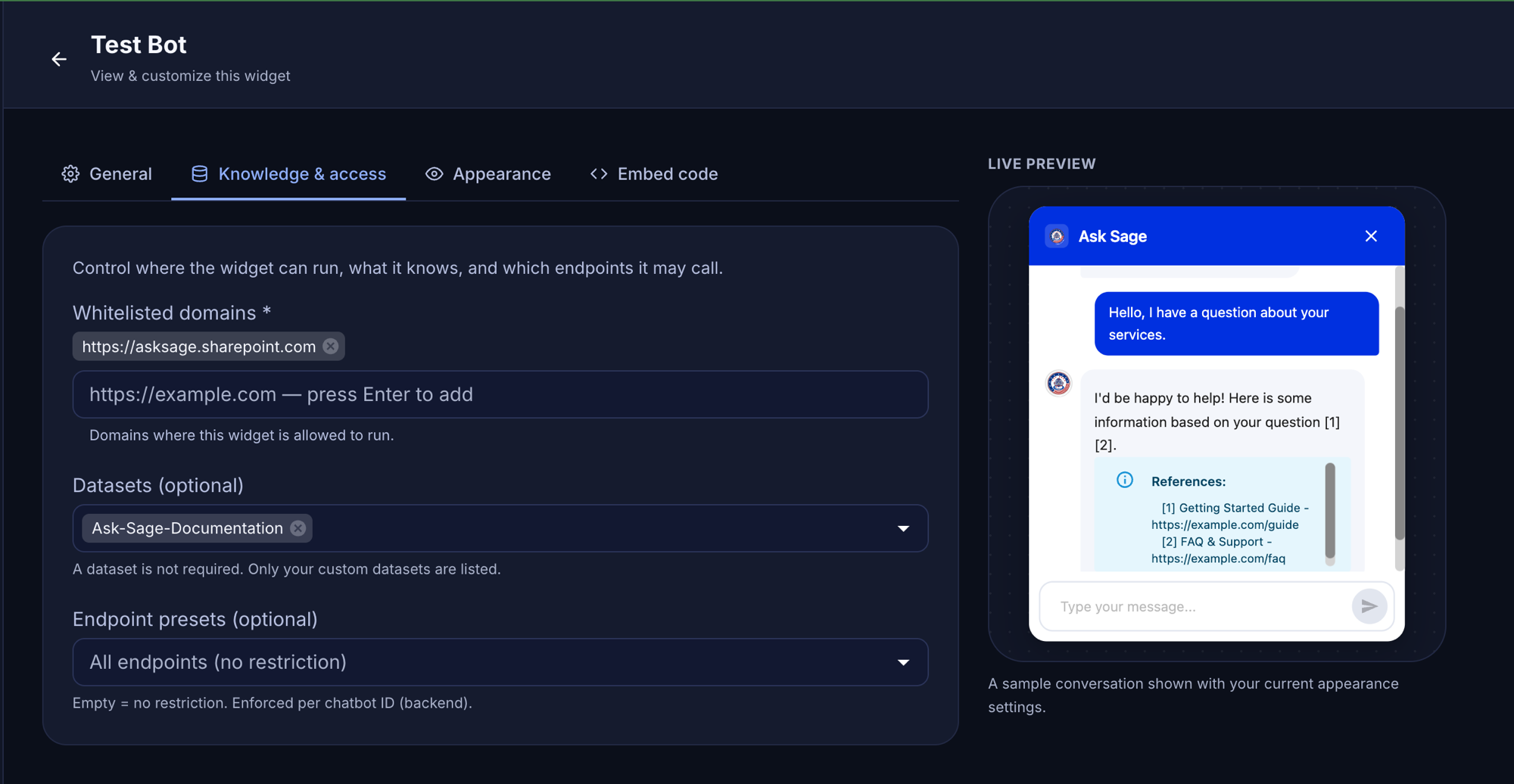 Knowledge and access tab showing Whitelisted domains, Datasets, and Endpoint presets