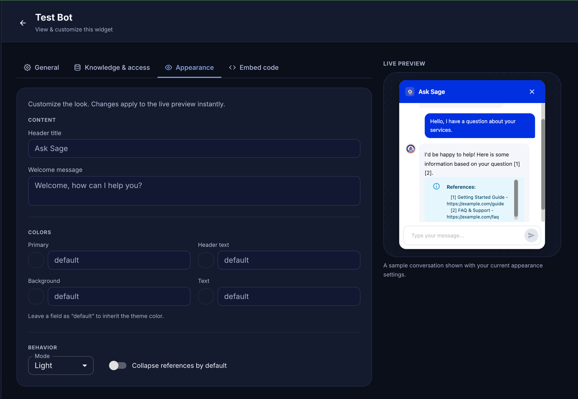 Appearance tab with content, colors, and behavior settings next to the live preview