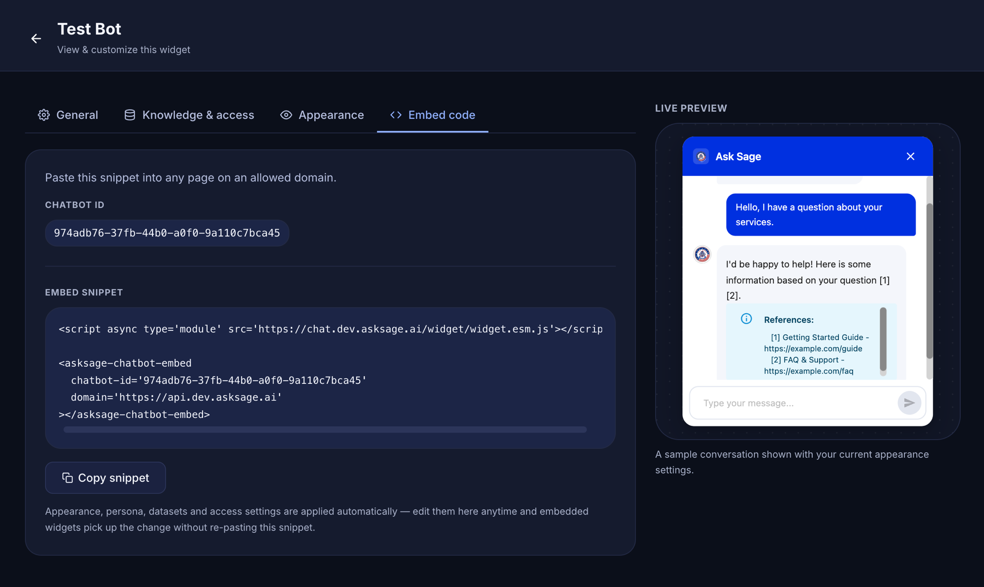Embed code tab showing the chatbot ID, embed snippet, and Copy snippet button