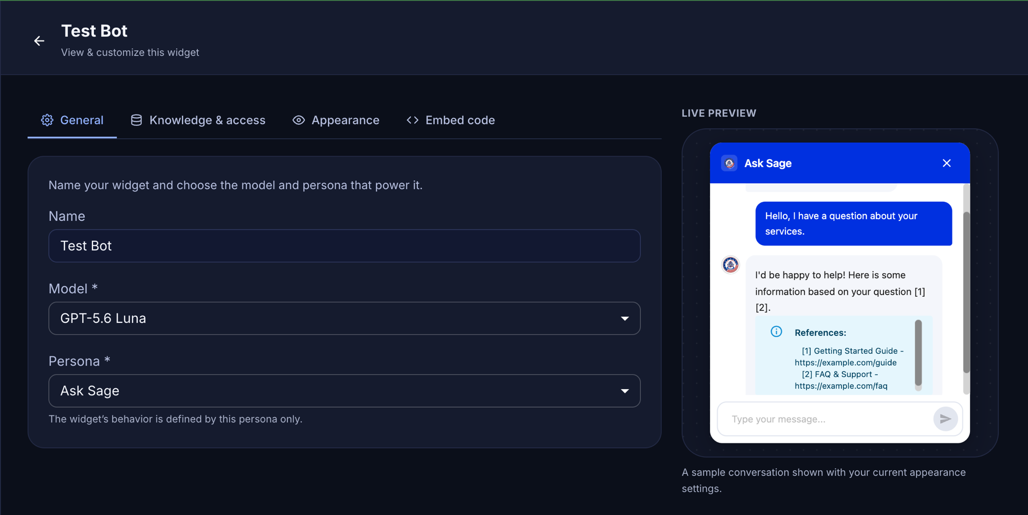 General tab with Name, Model, and Persona fields and the live preview panel
