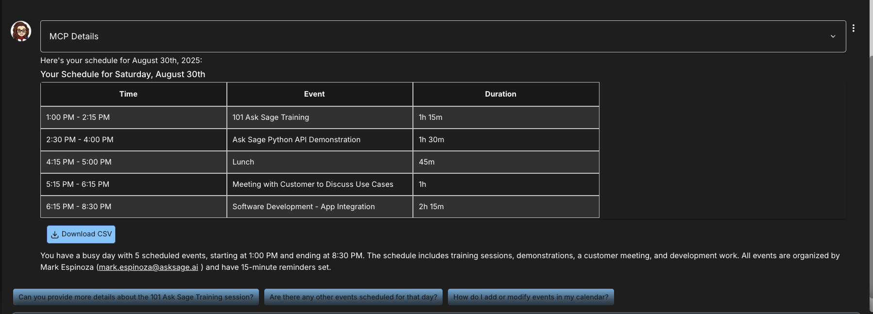 Tool Call Execution card for a Microsoft 365 action