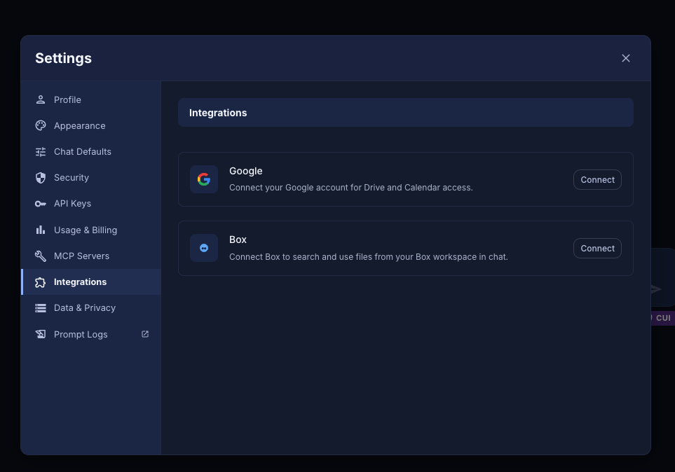 The Integrations tab in Ask Sage Settings showing the Box Connect button