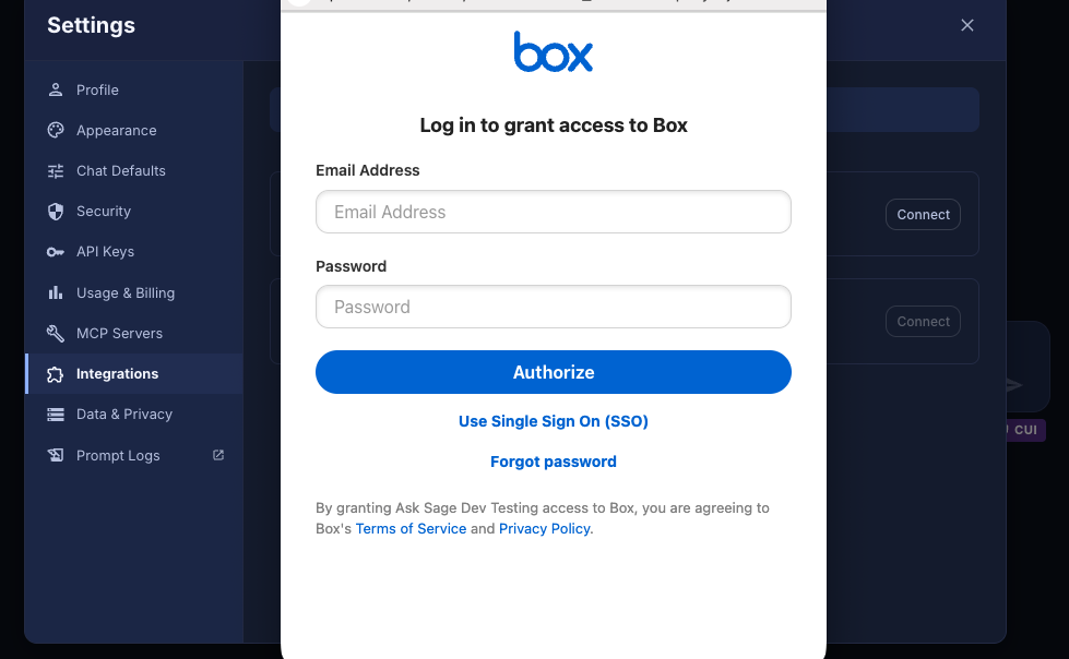 The Box log-in window granting Ask Sage access to Box