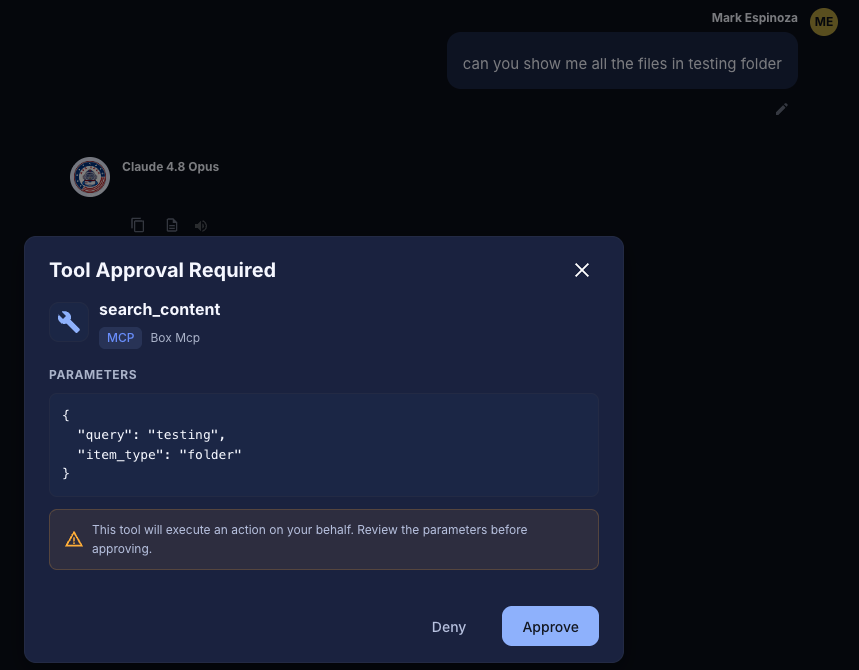 The Tool Approval Required card for a Box search_content call
