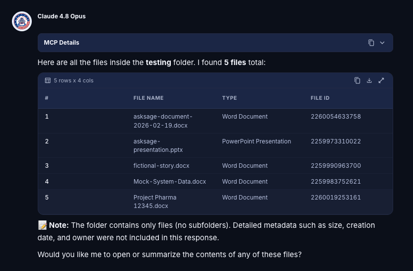 Ask Sage returning a table of Box files after the tool call