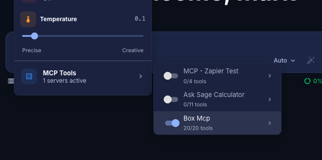 Enabling Box MCP in the MCP Tools panel, showing 20/20 tools active