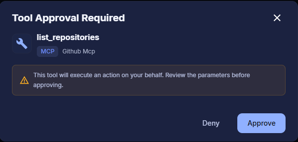 Tool Call Approval card for a GitHub action