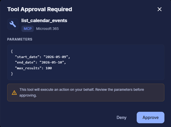 Tool Call Approval card for a Microsoft 365 action