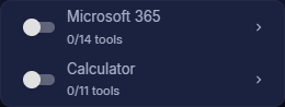 MCP Tools submenu in the chat Tools menu listing connected servers with per-server toggles and tool counts
