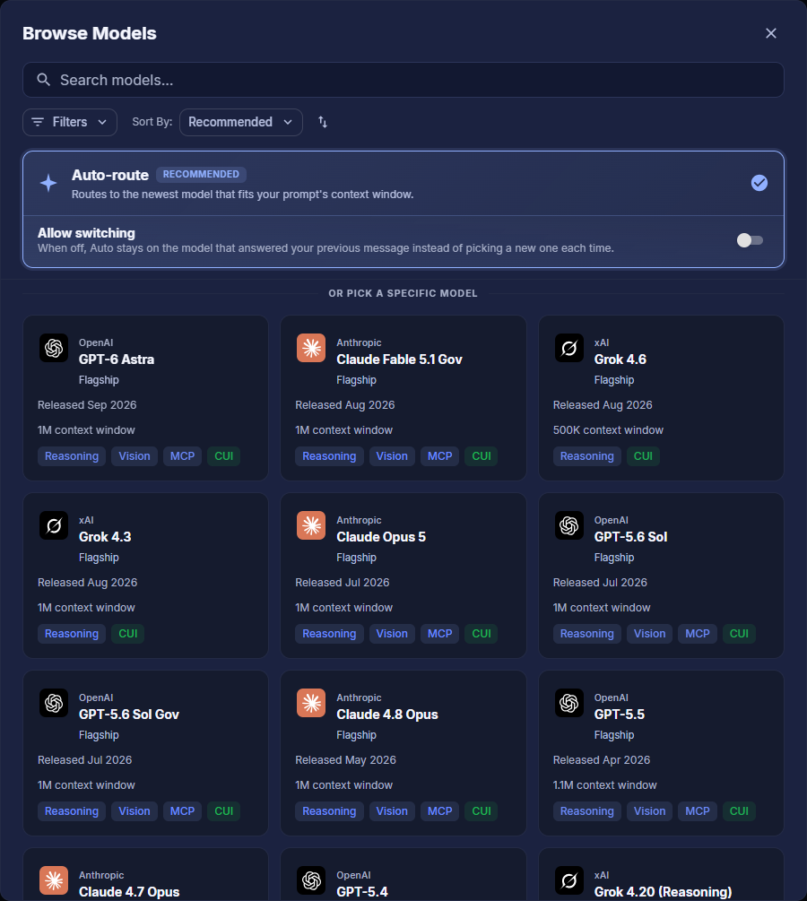 Browse Models dialog with search, Filters, Sort By, Auto-route card, and model cards showing tier, release date, context window, and capability chips