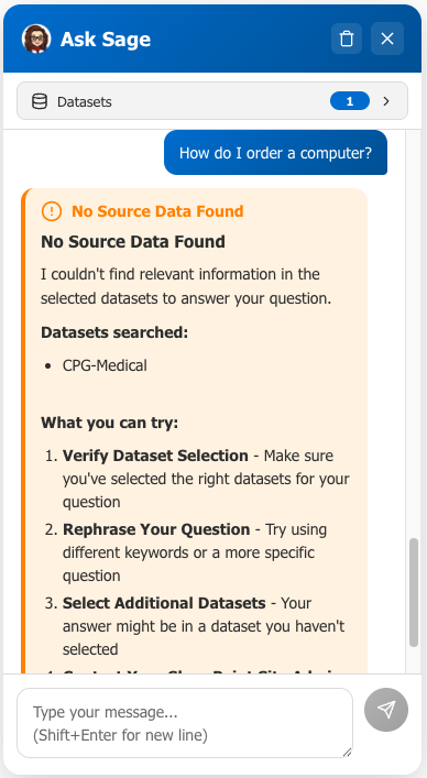 Chatbot prompt reminding user to select a dataset before asking a question