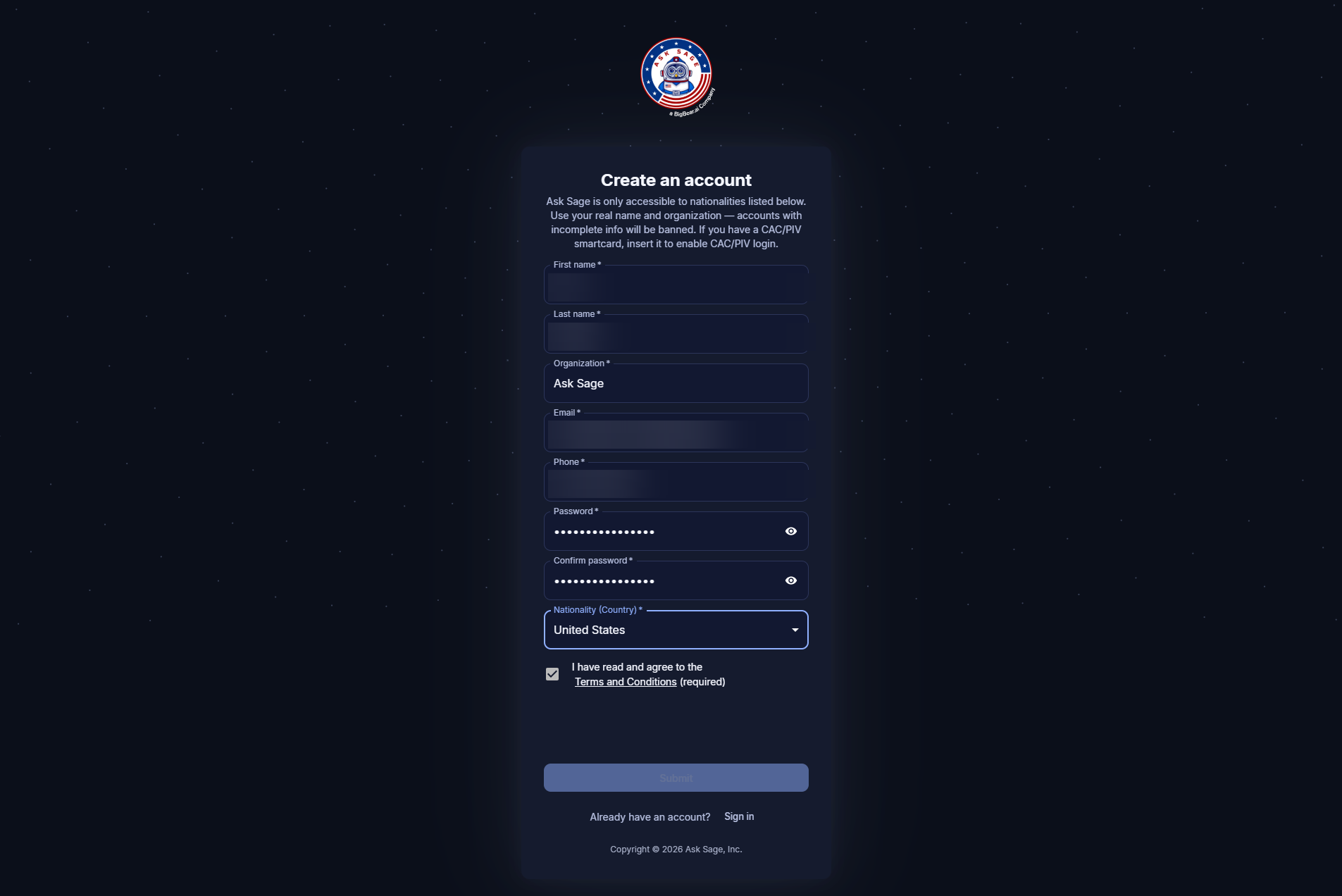 Registration form