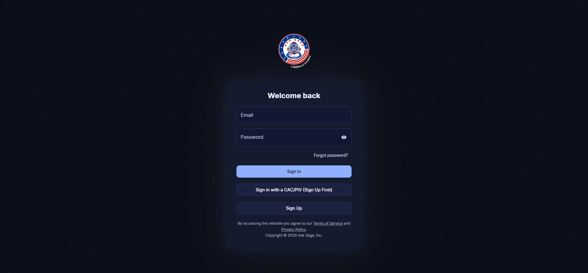 Login page with Sign Up button
