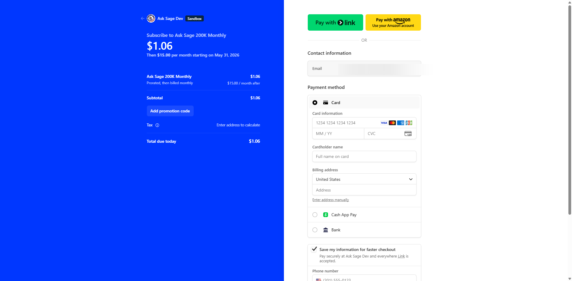 Stripe Checkout card form