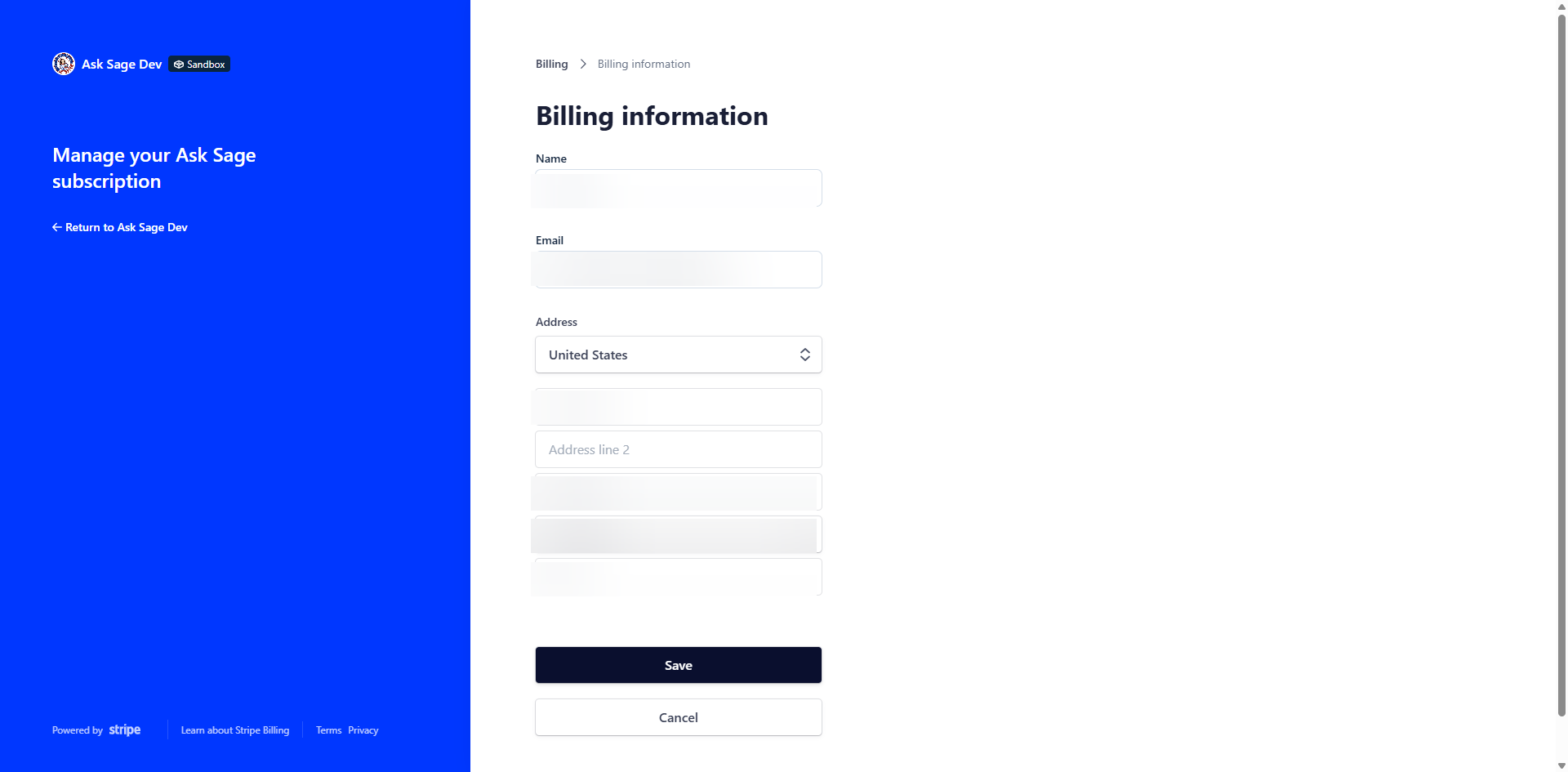 Stripe portal Update billing details form