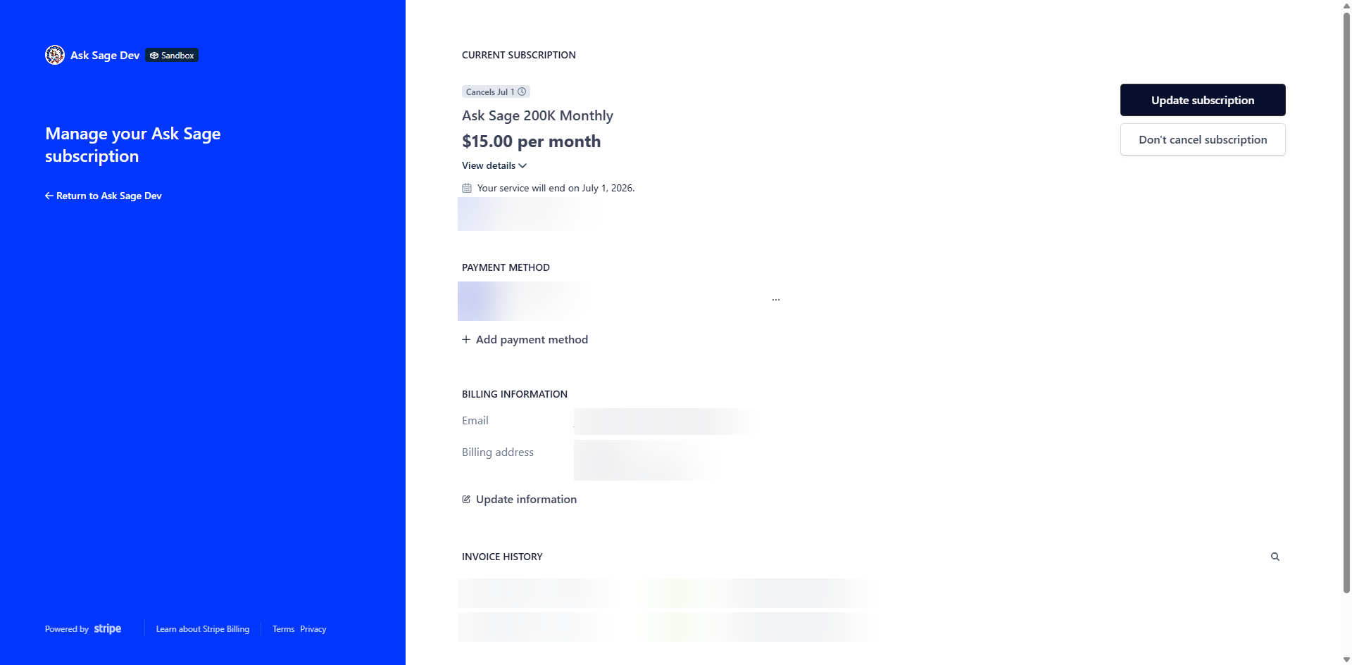Stripe portal showing the subscription canceled and the end-of-service date