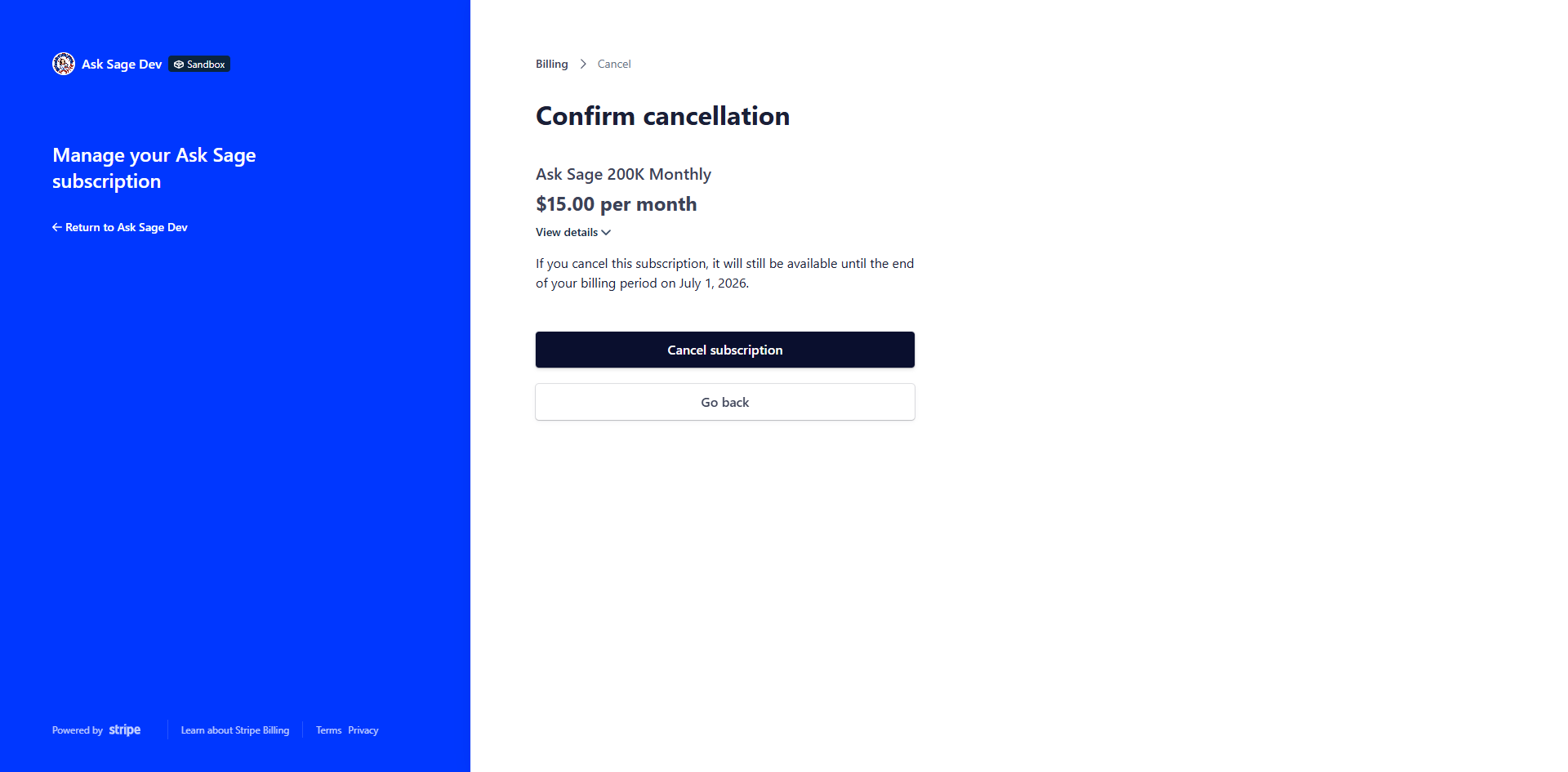 Stripe portal Confirm cancellation page