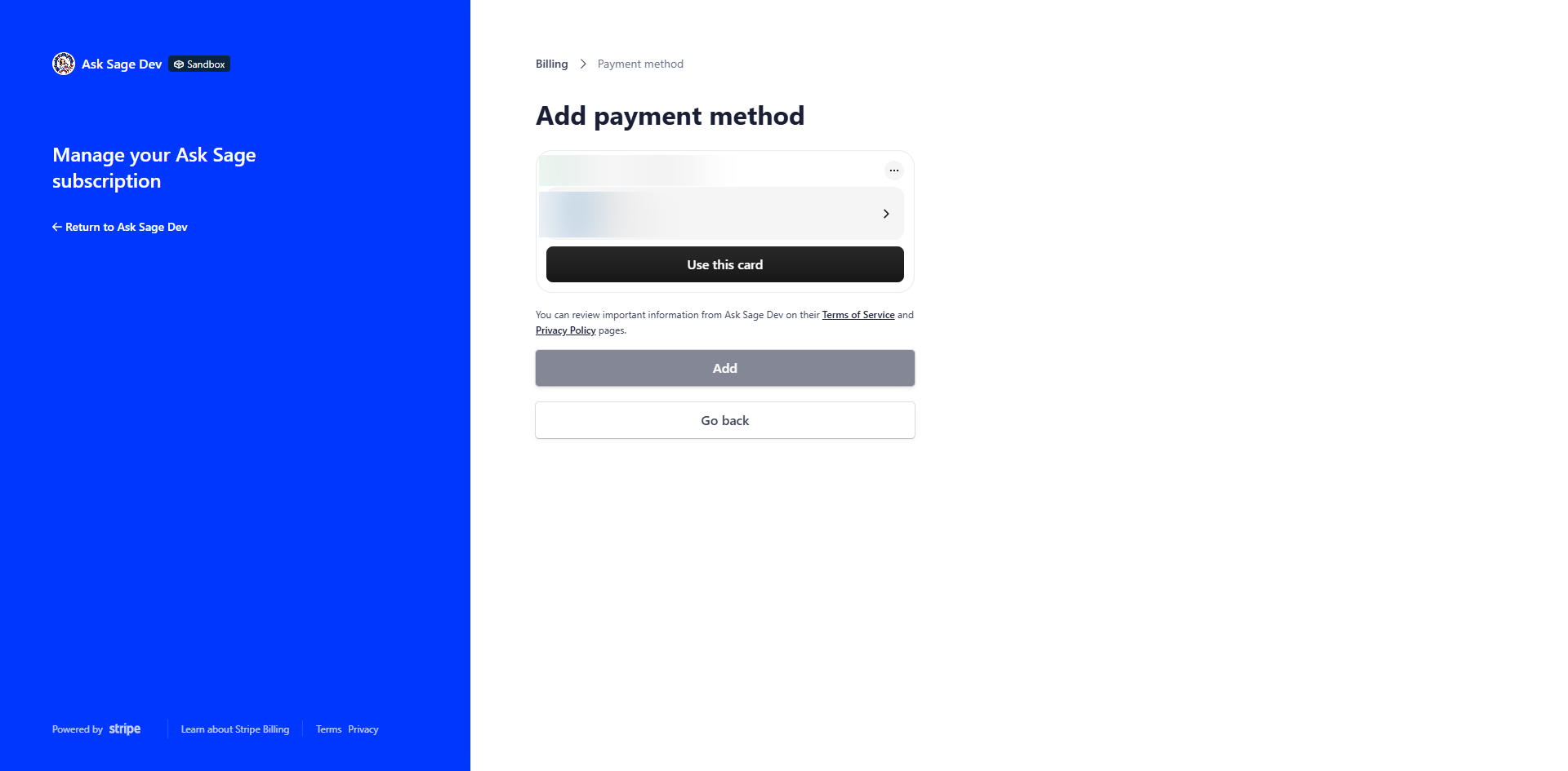 Stripe portal Add payment method form