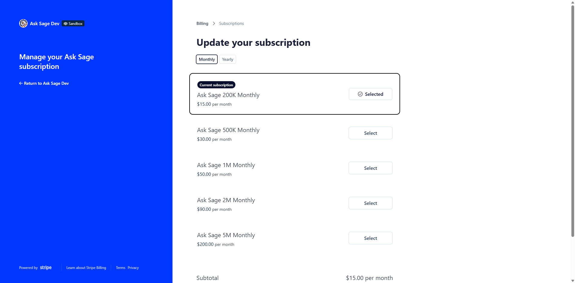 Stripe portal Update subscription page with tier choices