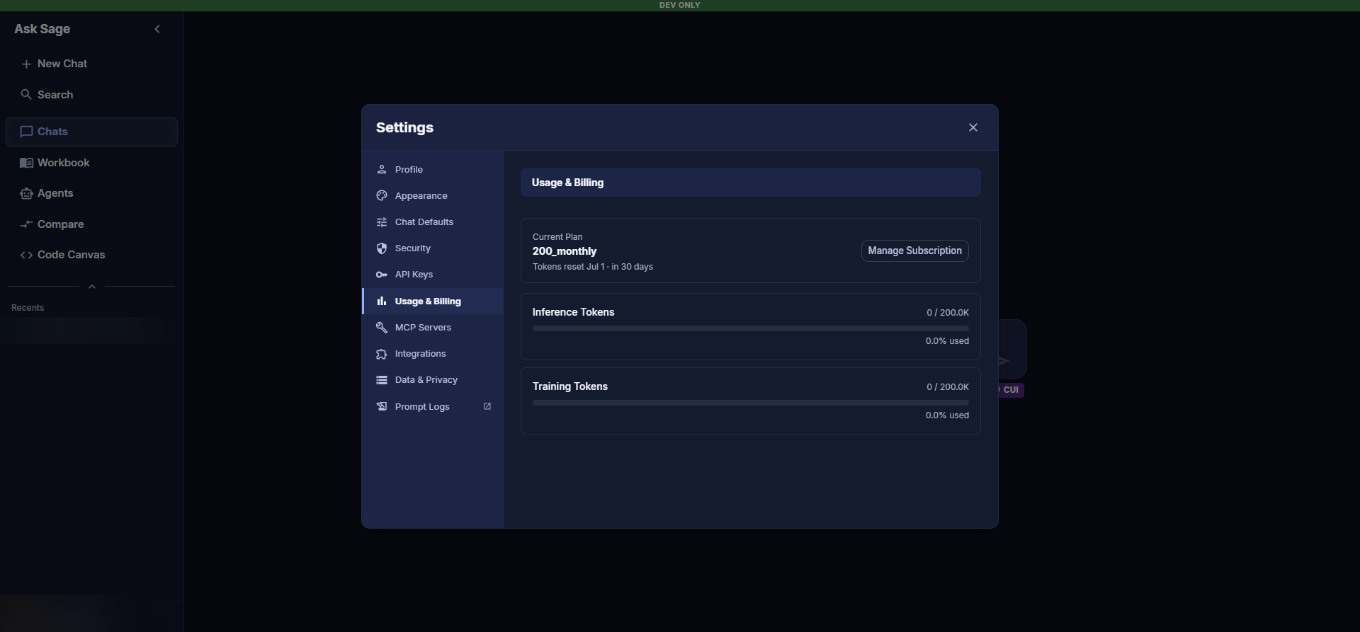 Usage & Billing tab with Manage Subscription button