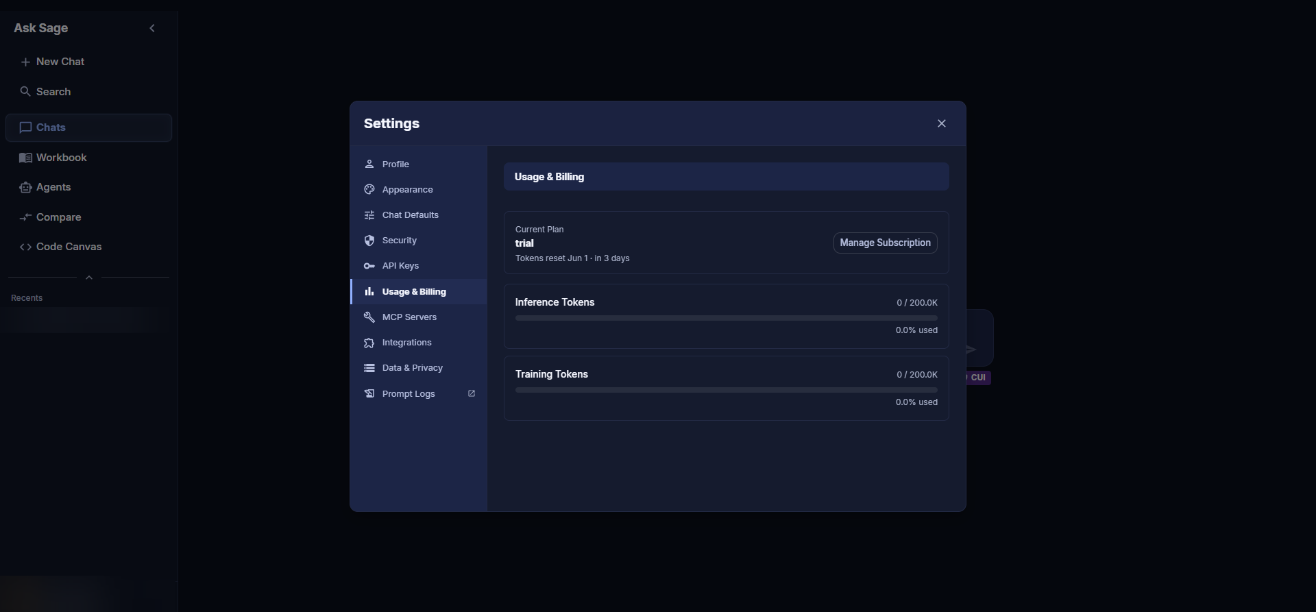 Usage & Billing tab on a trial account