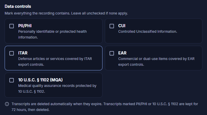 Data controls checkboxes for PII/PHI, CUI, ITAR, EAR, and 10 U.S.C. § 1102 (MQA), with a retention notice below