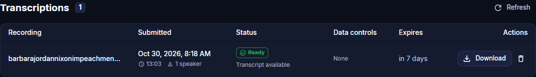 Transcriptions list with one job in Ready status, Transcript available, expiring in 7 days, with Download and Delete actions