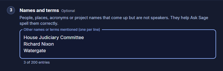 Names and terms step with three entries: House Judiciary Committee, Richard Nixon, and Watergate