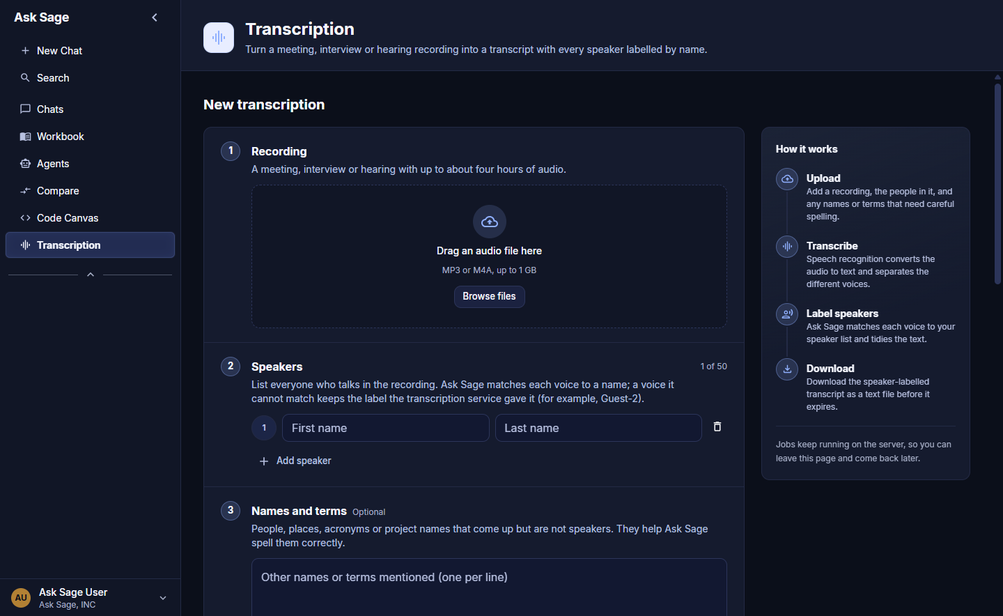 Transcription page with the New transcription form, the Recording drop zone, the Speakers list, and the How it works panel