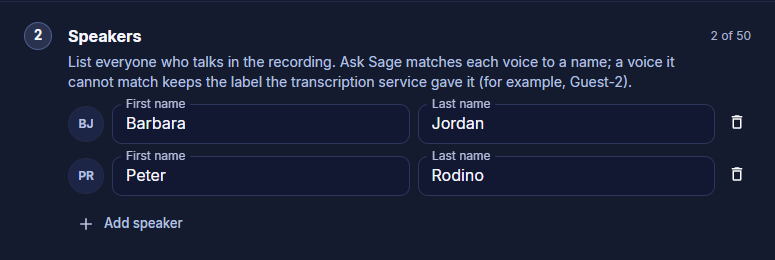 Speakers step with two speakers, Barbara Jordan and Peter Rodino, and an Add speaker button