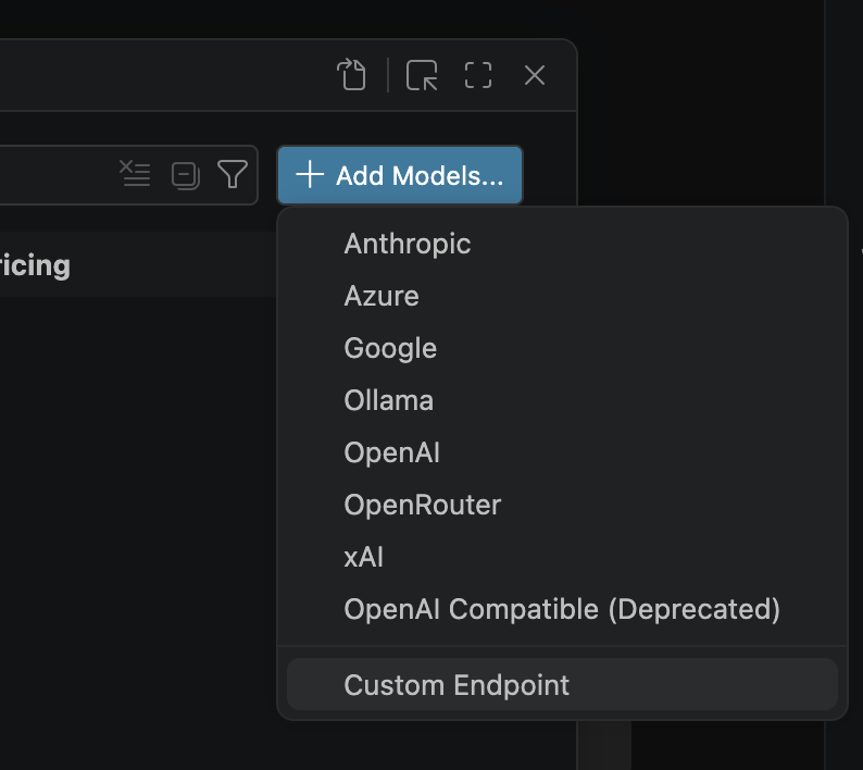 Select Custom Endpoint from Add Models