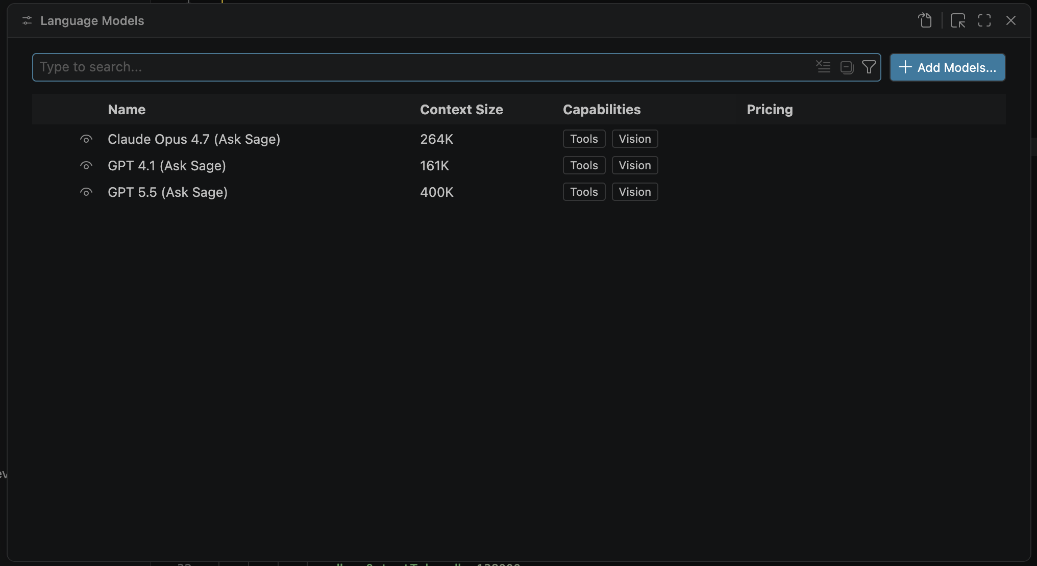 Configured Ask Sage models in Manage Language Models